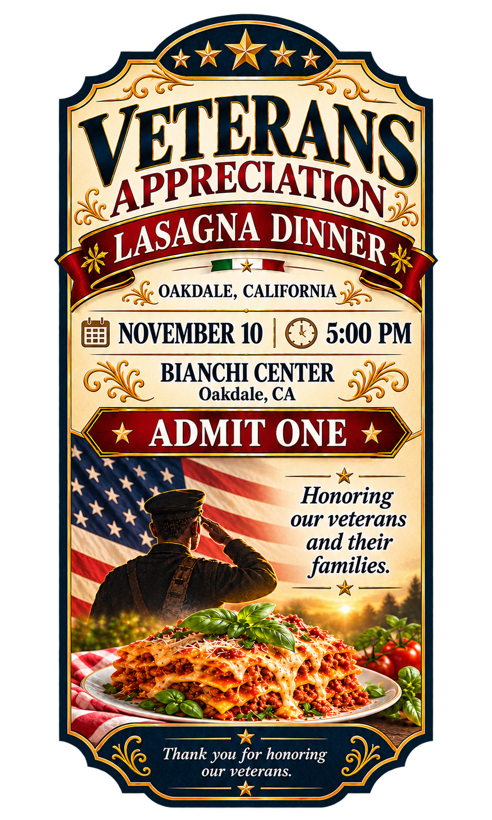 Patriotic lasagna dinner artwork for the Veterans Appreciation Dinner